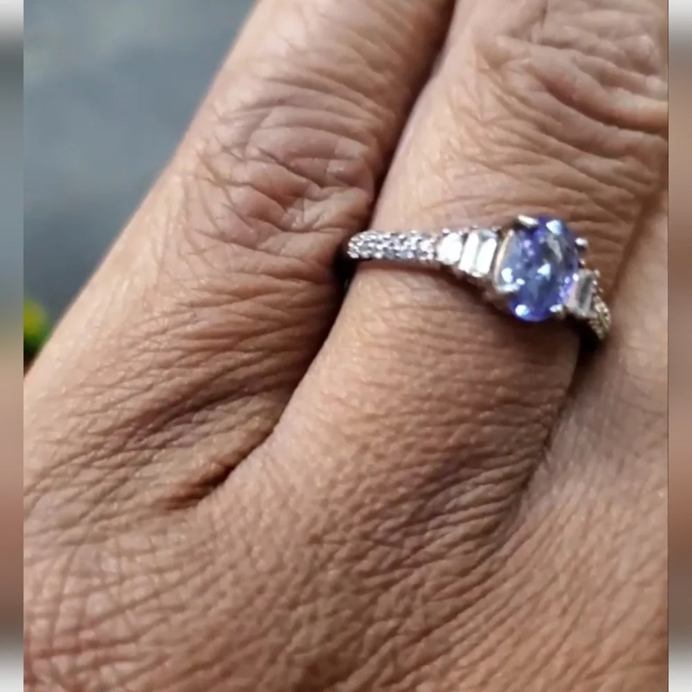 Genuine Tanzanite & Zircon Solitaire ring in Platinum Plated Sterling Silver